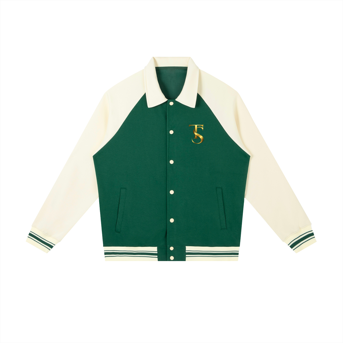 Contrast raglan sleeve baseball jacket by ODMPOD featuring a classic design with contrasting sleeves and a button-up front.