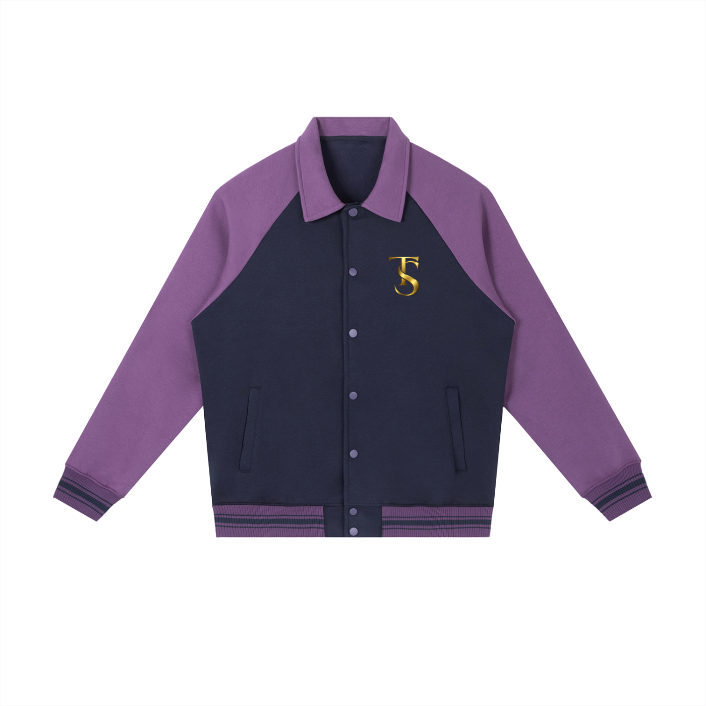 ODMPOD contrast raglan sleeve baseball jacket with black and white design, front zipper, and sporty style.
