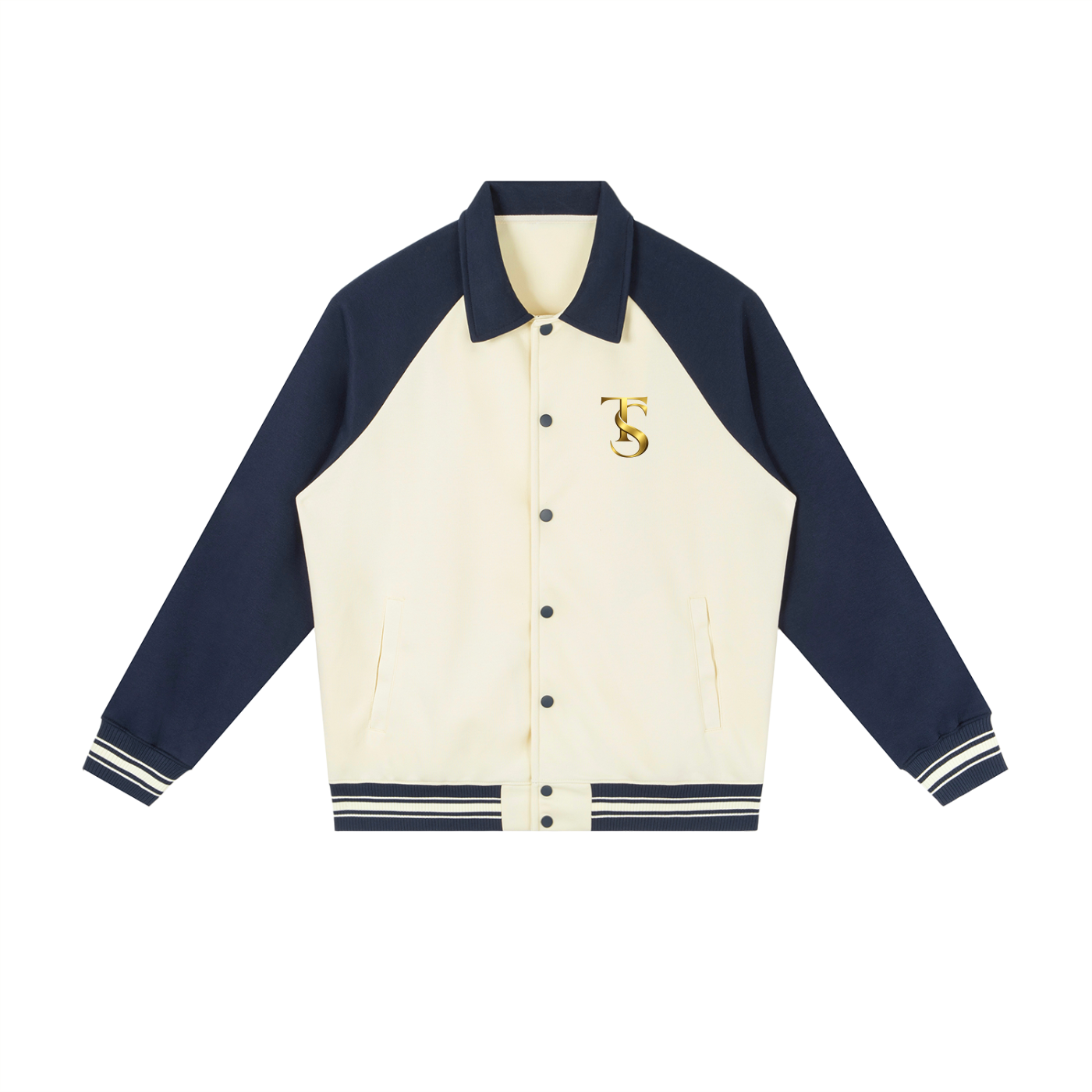 Contrast raglan sleeve baseball jacket by ODMPOD with navy body and white sleeves, front button closure, and casual sporty style.